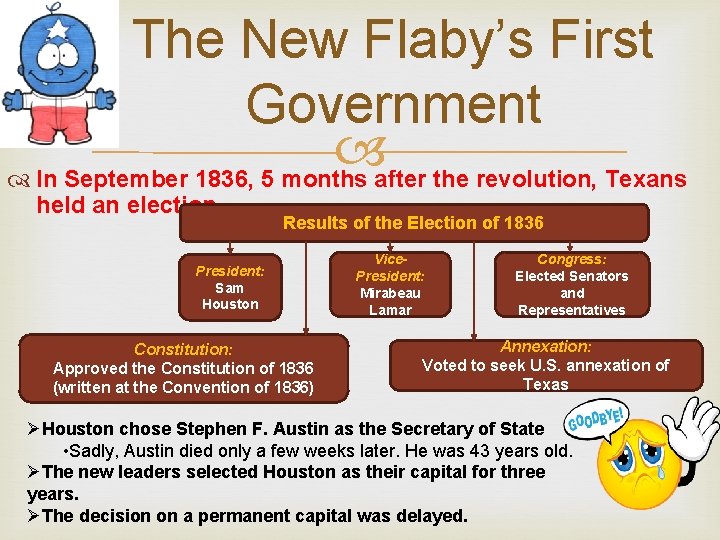 The New Flaby’s First Government In September 1836, 5 months after the revolution, Texans