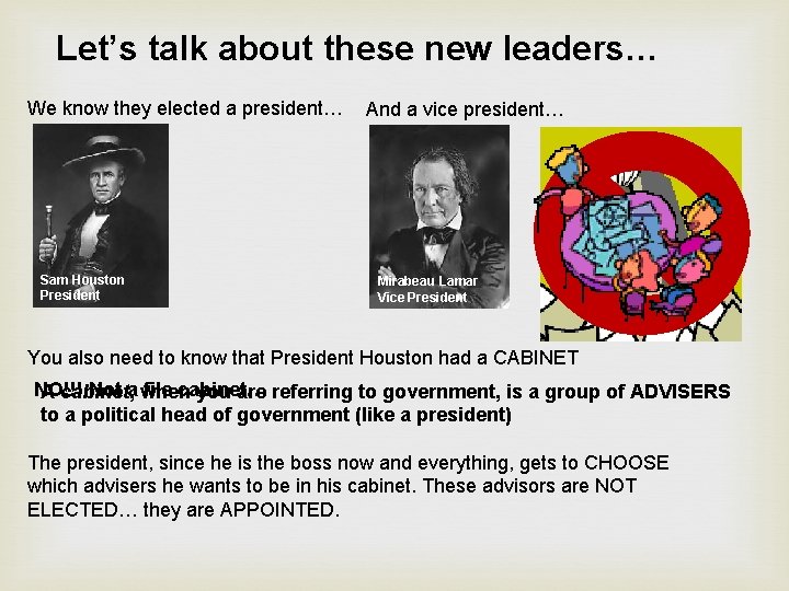 Let’s talk about these new leaders… We know they elected a president… Sam Houston