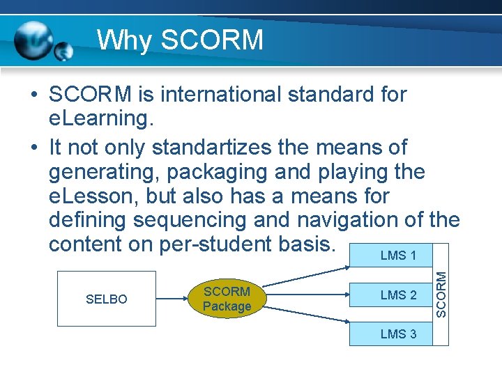 Why SCORM SELBO SCORM Package LMS 2 LMS 3 SCORM • SCORM is international