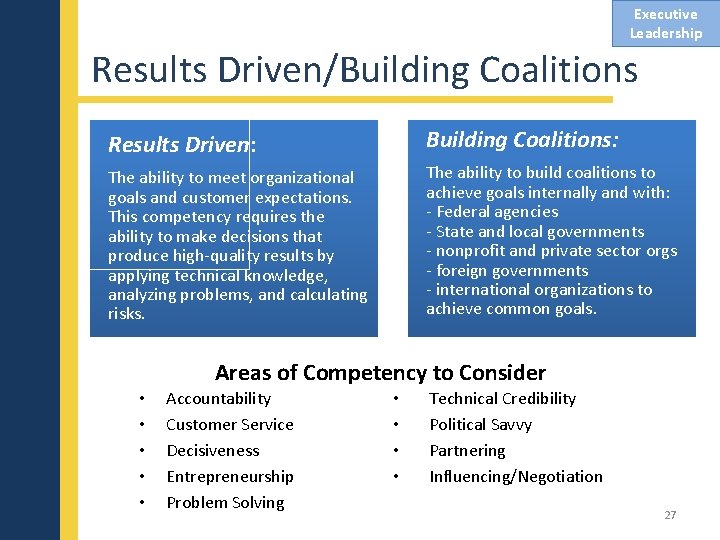Executive Leadership Results Driven/Building Coalitions Results Driven: Building Coalitions: The ability to meet organizational