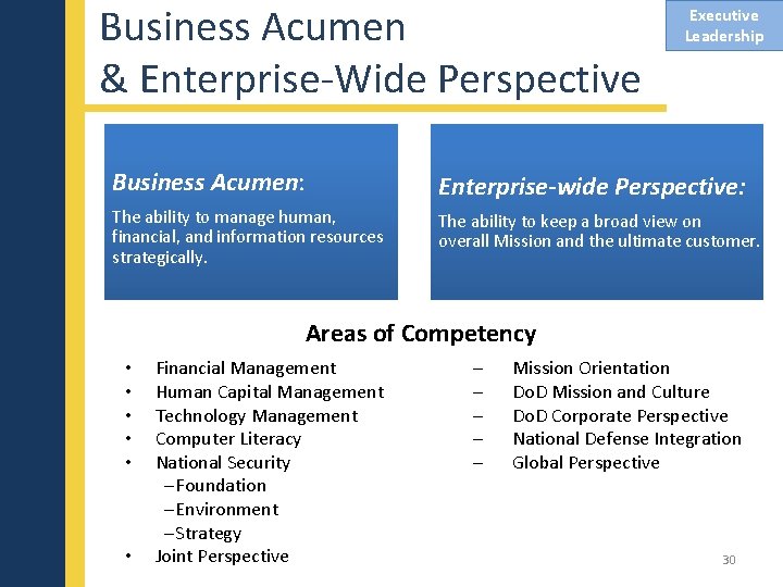 Business Acumen & Enterprise-Wide Perspective Executive Leadership Business Acumen: Enterprise-wide Perspective: The ability to