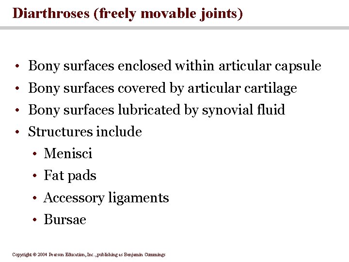 Diarthroses (freely movable joints) • Bony surfaces enclosed within articular capsule • Bony surfaces