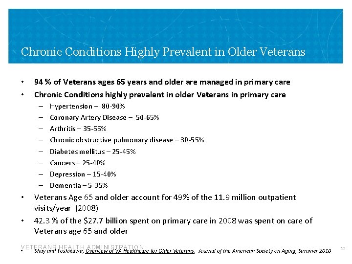 Chronic Conditions Highly Prevalent in Older Veterans • • 94 % of Veterans ages
