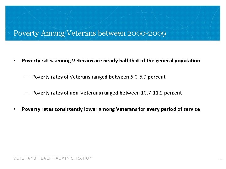Poverty Among Veterans between 2000 -2009 • Poverty rates among Veterans are nearly half
