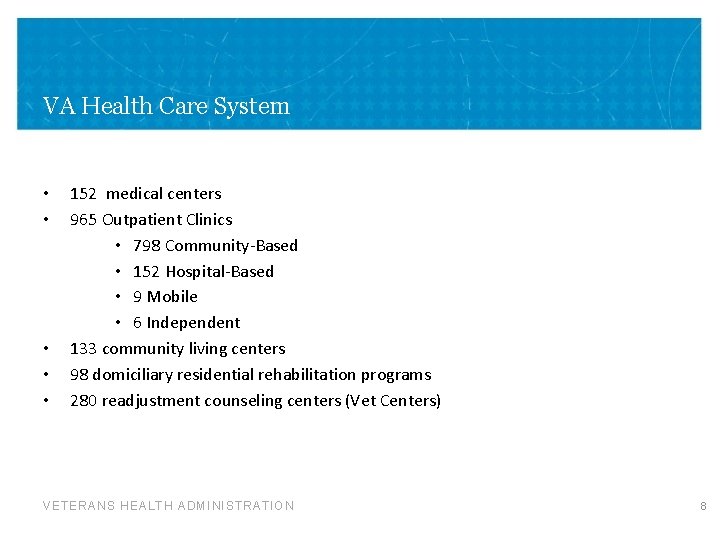 VA Health Care System • • • 152 medical centers 965 Outpatient Clinics •