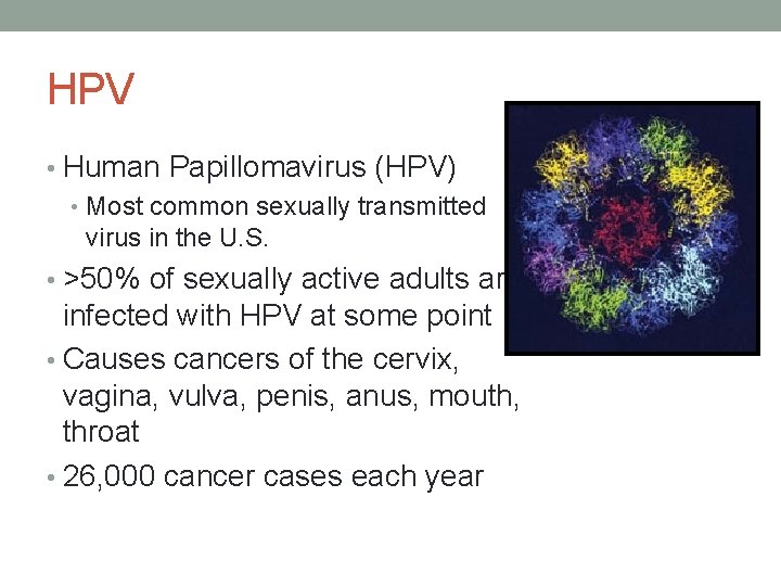 HPV • Human Papillomavirus (HPV) • Most common sexually transmitted virus in the U.