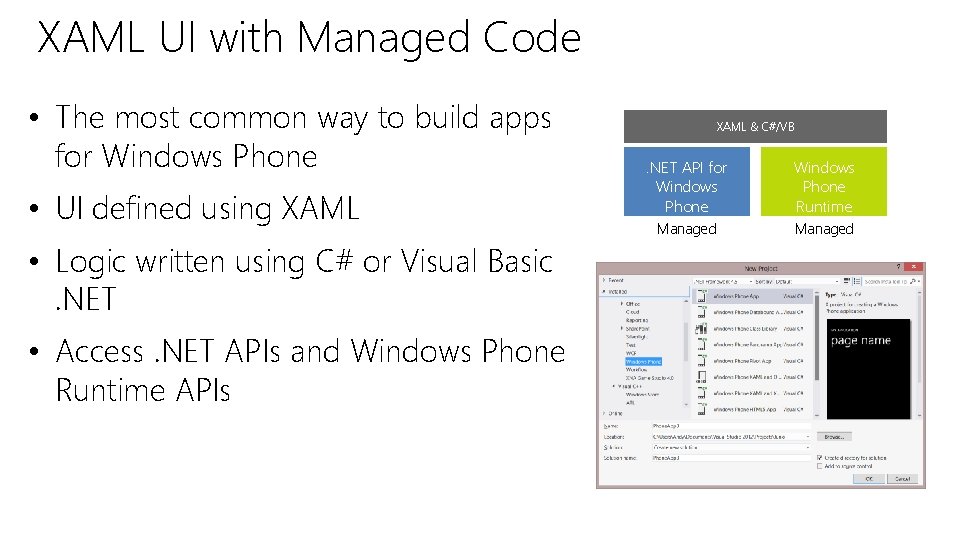 XAML UI with Managed Code • The most common way to build apps for