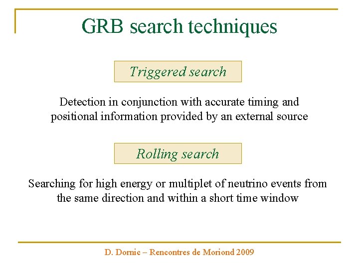 GRB search techniques Triggered search Detection in conjunction with accurate timing and positional information