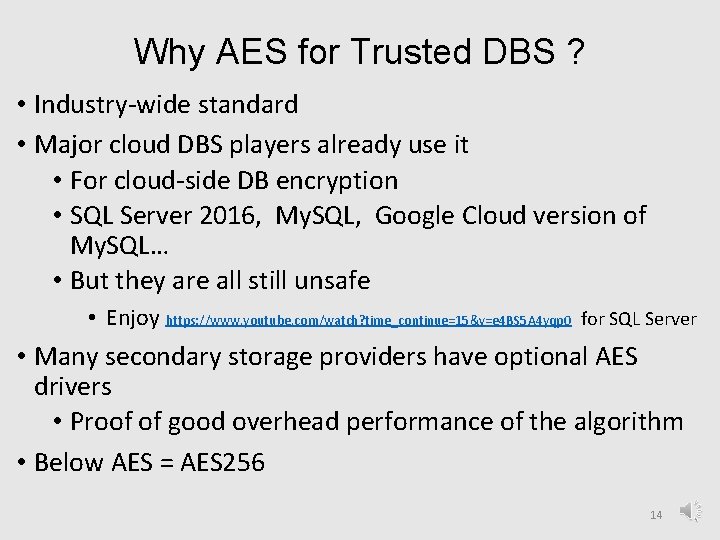 Why AES for Trusted DBS ? • Industry-wide standard • Major cloud DBS players