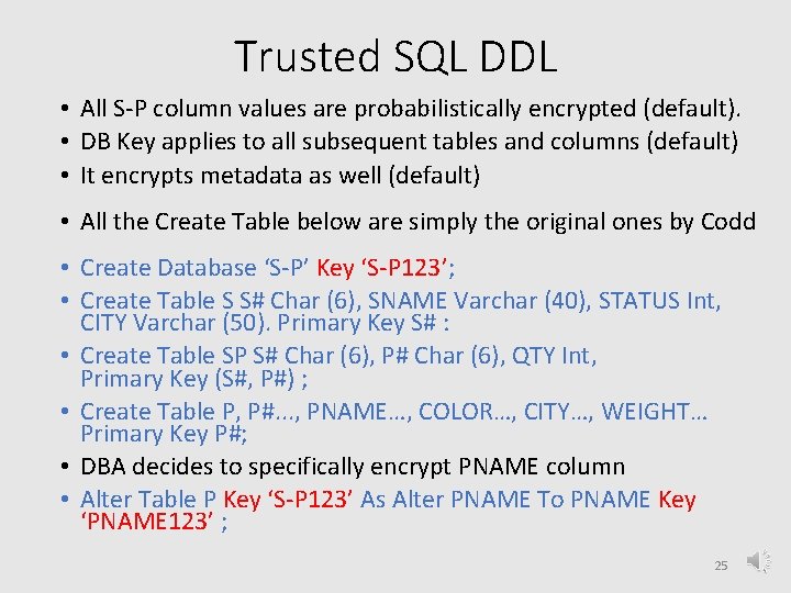 Trusted SQL DDL • All S-P column values are probabilistically encrypted (default). • DB
