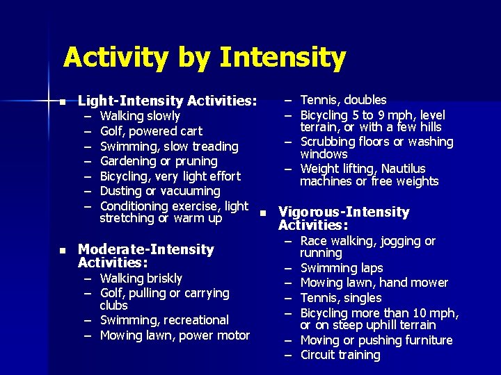 Activity by Intensity n Light-Intensity Activities: – – – – Tennis, doubles – Bicycling
