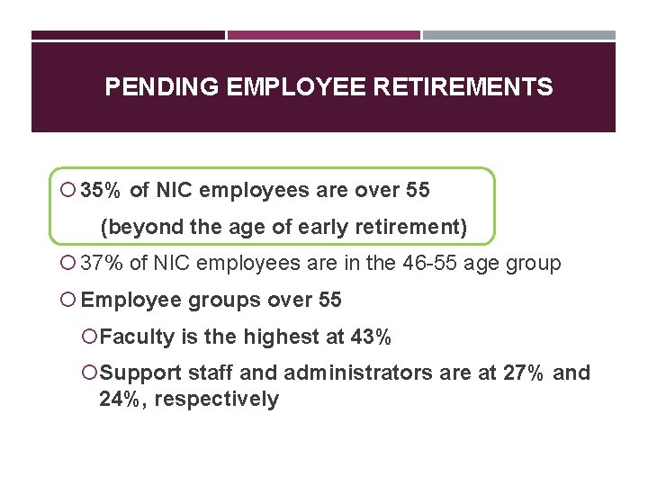 PENDING EMPLOYEE RETIREMENTS 35% of NIC employees are over 55 (beyond the age of