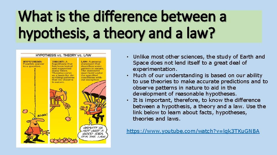 What is the difference between a hypothesis, a theory and a law? • Unlike