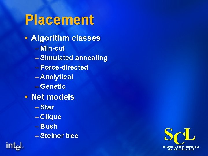 Placement Algorithm classes – Min-cut – Simulated annealing – Force-directed – Analytical – Genetic