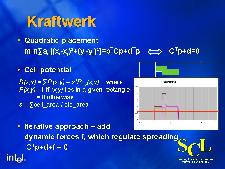 Kraftwerk Quadratic placement min∑aij[(xi-xj)²+(yi-yj)²]=p. TCp+d. Tp CTp+d=0 Cell potential D(x, y) = ∑Pi(x, y)