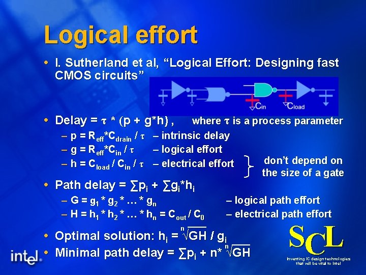 Logical effort I. Sutherland et al, “Logical Effort: Designing fast CMOS circuits” Delay =