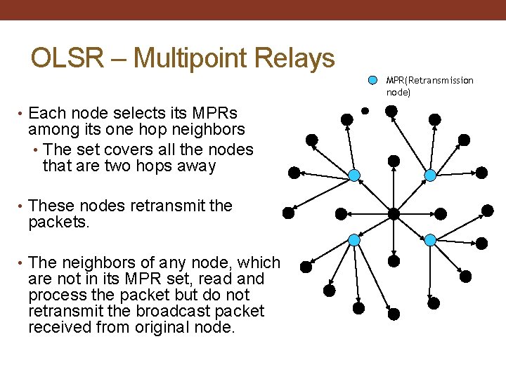 OLSR – Multipoint Relays MPR(Retransmission node) • Each node selects its MPRs among its