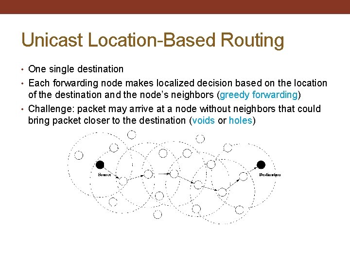 Unicast Location-Based Routing • One single destination • Each forwarding node makes localized decision