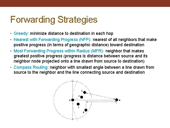 Forwarding Strategies • Greedy: minimize distance to destination in each hop • Nearest with