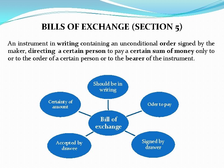 BILLS OF EXCHANGE (SECTION 5) An instrument in writing containing an unconditional order signed