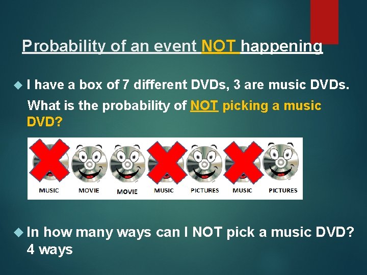 Probability of an event NOT happening I have a box of 7 different DVDs,