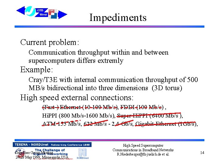 Impediments Current problem: Communication throughput within and between supercomputers differs extremly Example: Cray/T 3