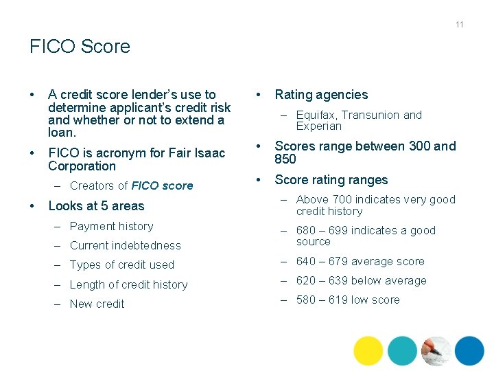 11 FICO Score • • A credit score lender’s use to determine applicant’s credit