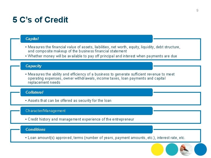 9 5 C’s of Credit Capital • Measures the financial value of assets, liabilities,