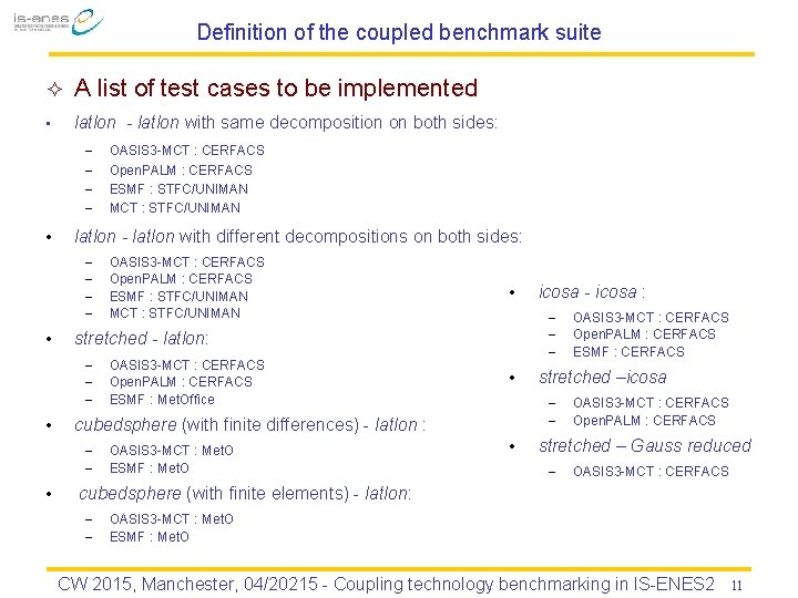 Definition of the coupled benchmark suite ² A list of test cases to be