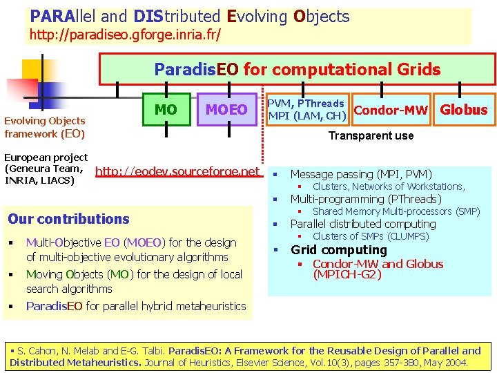 PARAllel and DIStributed Evolving Objects http: //paradiseo. gforge. inria. fr/ Paradis. EO for computational
