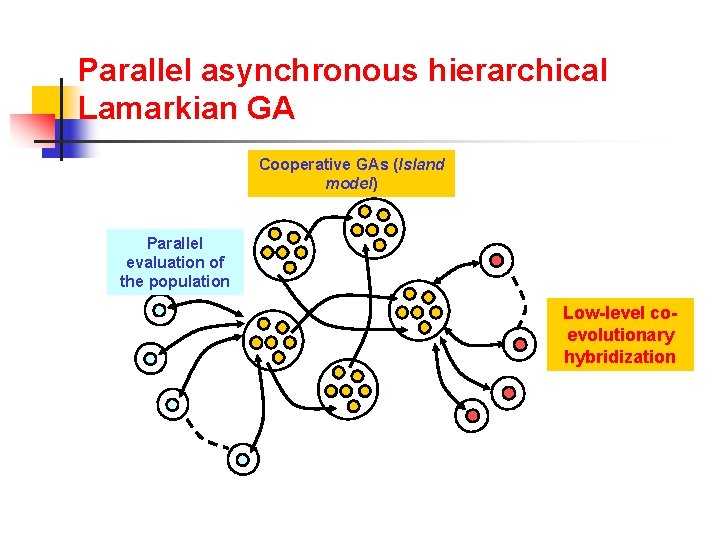 Parallel asynchronous hierarchical Lamarkian GA Cooperative GAs (Island model) Parallel evaluation of the population
