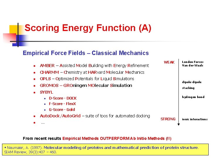 Scoring Energy Function (A) Empirical Force Fields – Classical Mechanics n AMBER – Assisted