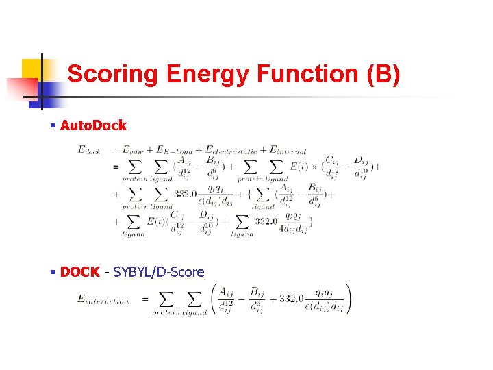 Scoring Energy Function (B) § Auto. Dock § DOCK - SYBYL/D-Score 