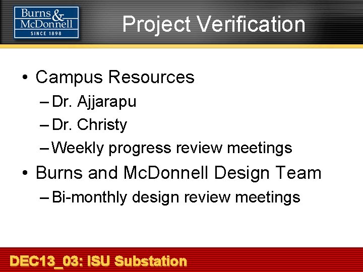Project Verification • Campus Resources – Dr. Ajjarapu – Dr. Christy – Weekly progress