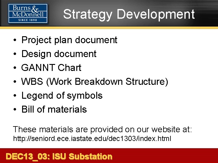 Strategy Development • • • Project plan document Design document GANNT Chart WBS (Work