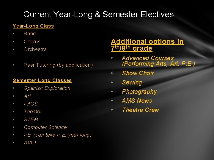 Current Year-Long & Semester Electives Year-Long Class • Band • Chorus • Orchestra •