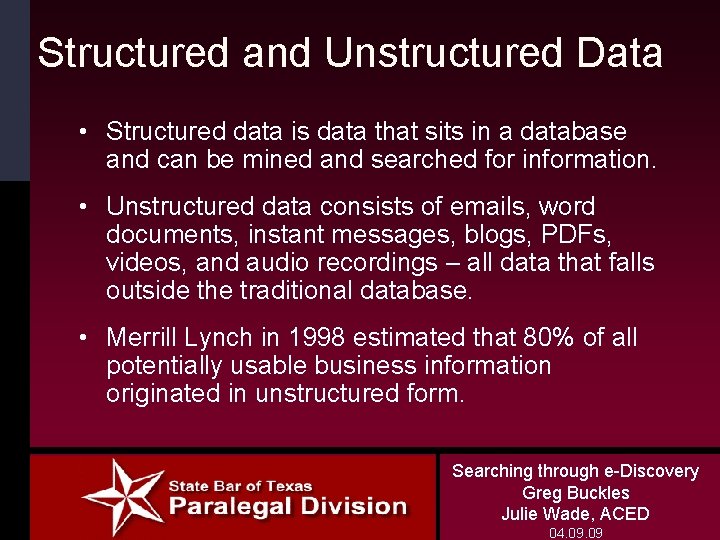 Structured and Unstructured Data • Structured data is data that sits in a database