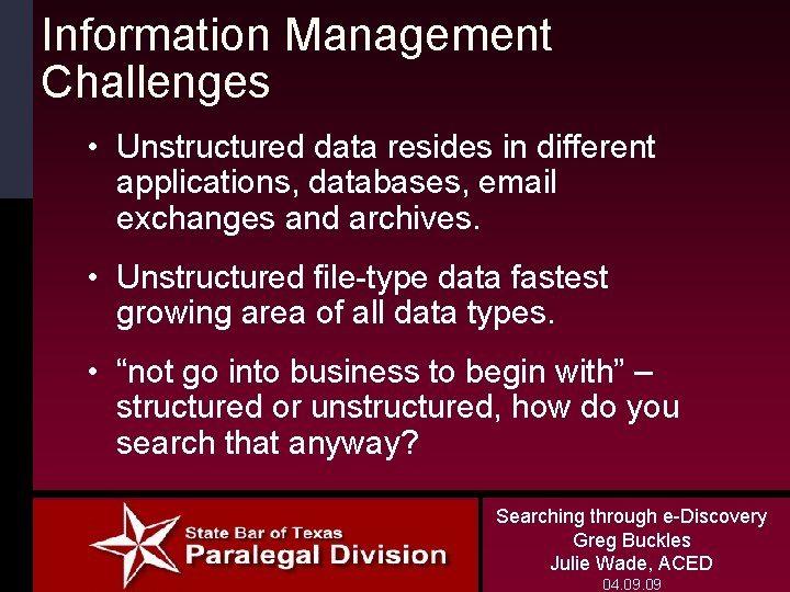 Information Management Challenges • Unstructured data resides in different applications, databases, email exchanges and