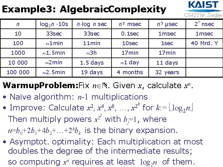 Example 3: Algebraic. Complexity CS 422 M. Ziegler n log 2 n · 10