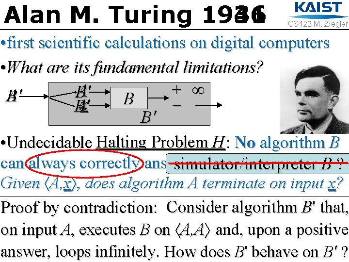 Alan M. Turing 1941 1936 CS 422 M. Ziegler • first scientific calculations on