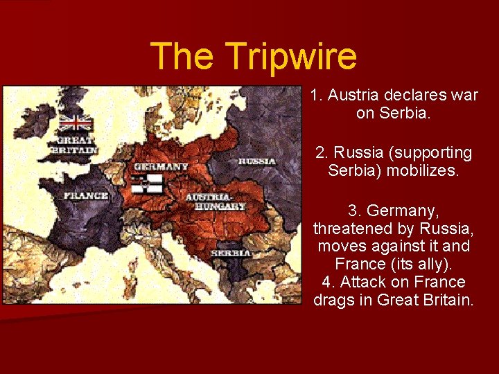 The Tripwire 1. Austria declares war on Serbia. 2. Russia (supporting Serbia) mobilizes. 3.
