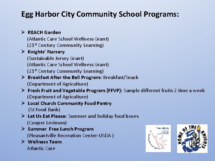 Egg Harbor City Community School Programs: Ø REACH Garden (Atlantic Care School Wellness Grant)