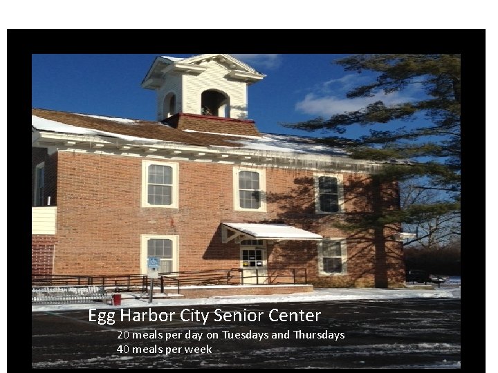 Egg Harbor City Senior Center 20 meals per day on Tuesdays and Thursdays 40