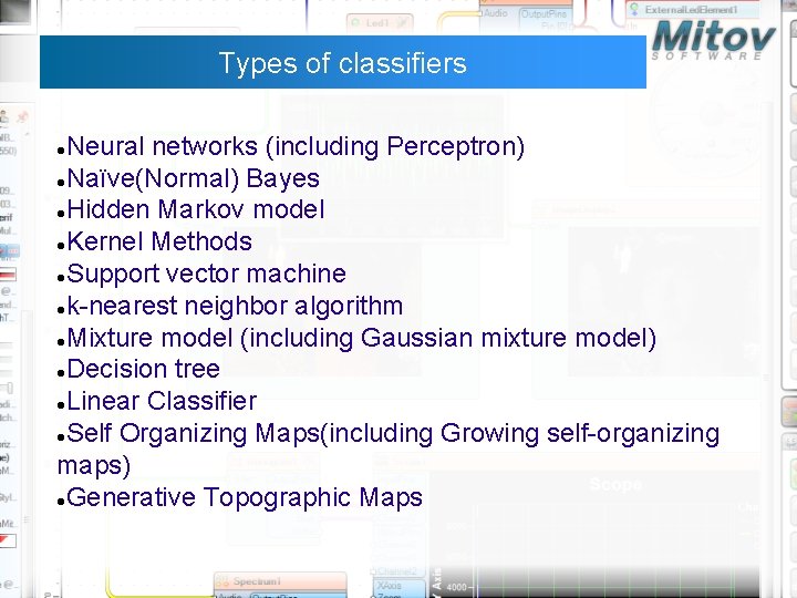 Types of classifiers Neural networks (including Perceptron) Naïve(Normal) Bayes Hidden Markov model Kernel Methods Types of classifiers Neural networks (including Perceptron) Naïve(Normal) Bayes Hidden Markov model Kernel Methods