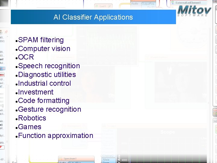 AI Classifier Applications SPAM filtering Computer vision OCR Speech recognition Diagnostic utilities Industrial control AI Classifier Applications SPAM filtering Computer vision OCR Speech recognition Diagnostic utilities Industrial control