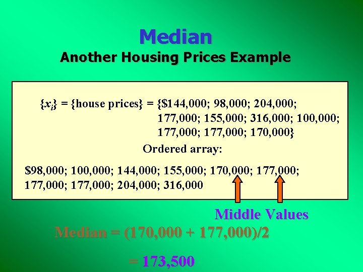 Median Another Housing Prices Example {xi} = {house prices} = {$144, 000; 98, 000;