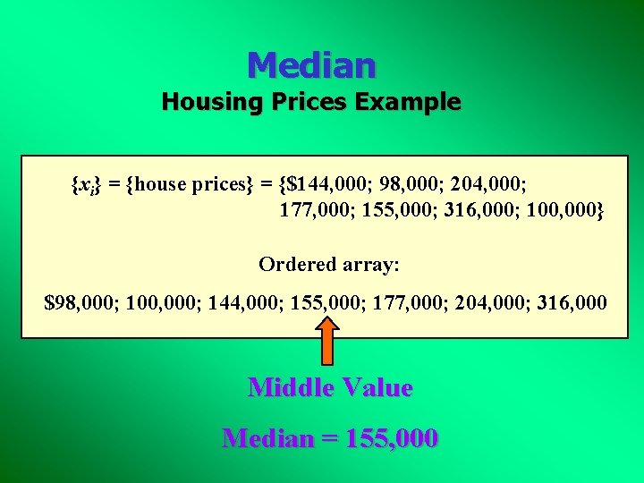 Median Housing Prices Example {xi} = {house prices} = {$144, 000; 98, 000; 204,