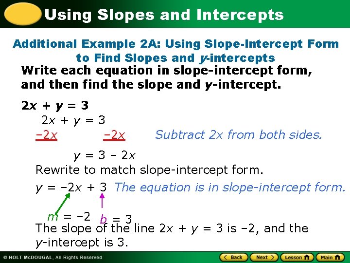 Using Slopes and Intercepts Additional Example 2 A: Using Slope-Intercept Form to Find Slopes