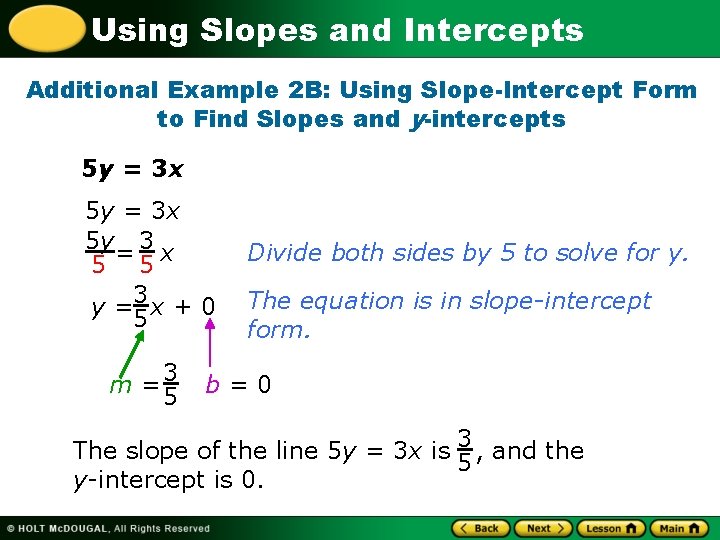 Using Slopes and Intercepts Additional Example 2 B: Using Slope-Intercept Form to Find Slopes