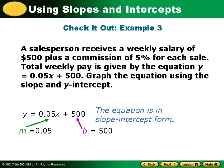 Using Slopes and Intercepts Check It Out: Example 3 A salesperson receives a weekly